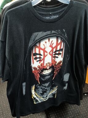 Black Sleep Token Graphic Hooded Face Tee with Red & Gold Detail